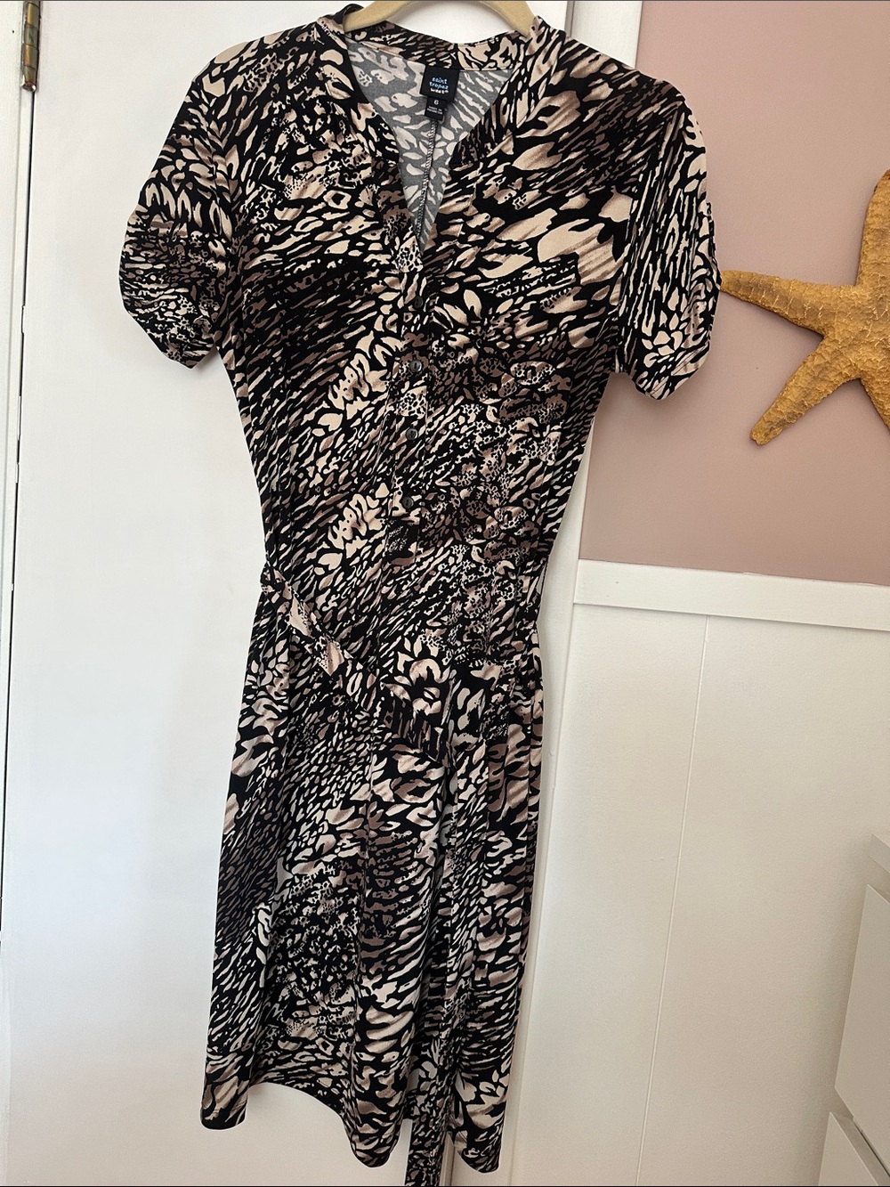 Saint Tropez animal print belted mini dress, black print knit short dress